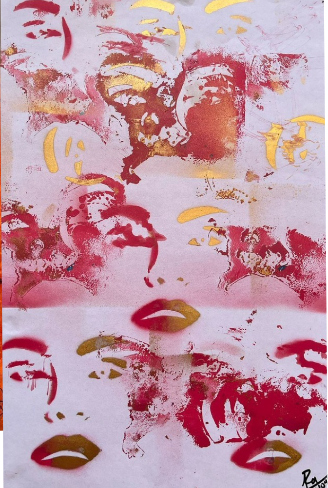 Obra gráfica en tonos rojos y dorados