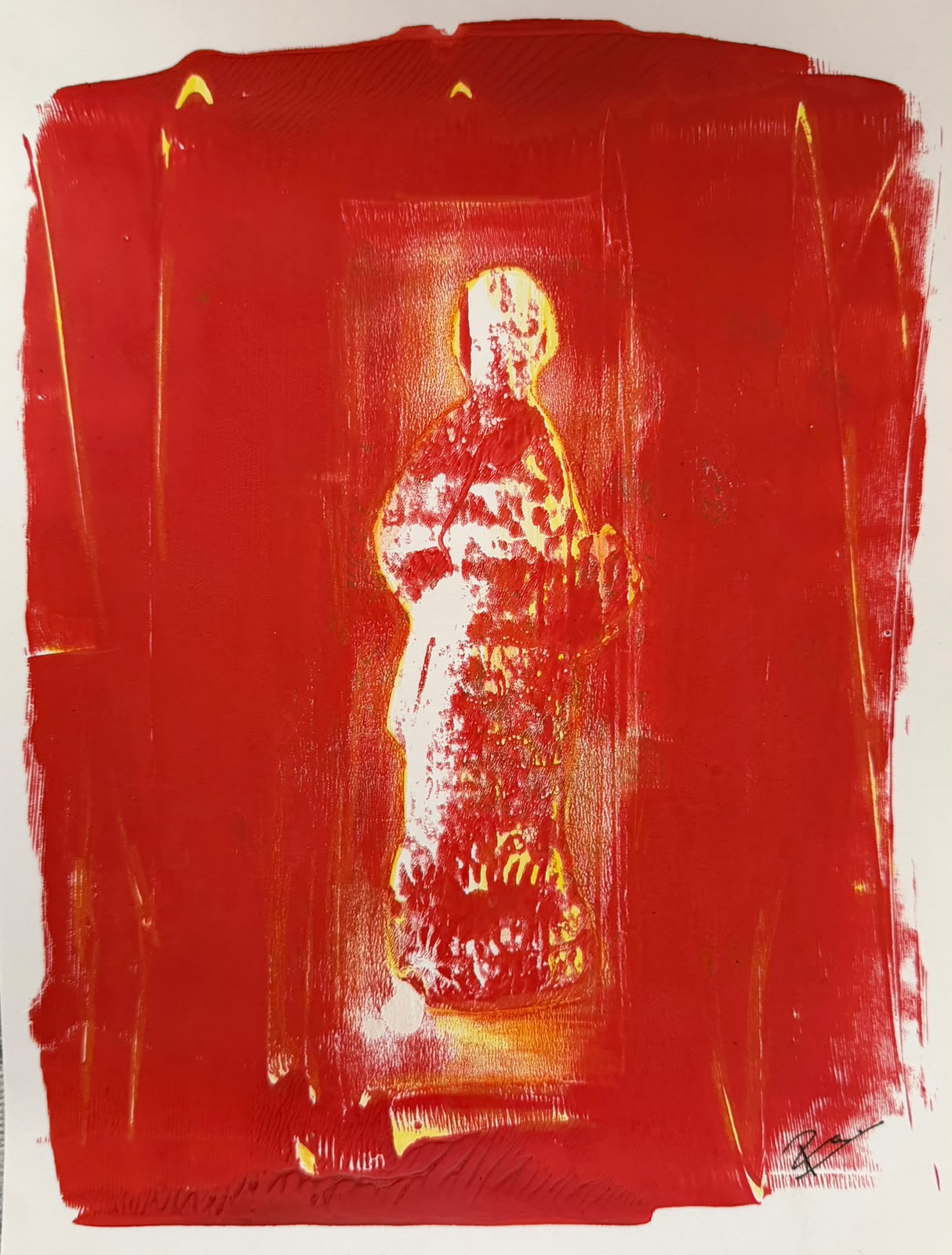 Grabado en tonos rojos y dorados